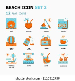Beach Flat color icons.Holiday and Vacation Concept Thin line icons.