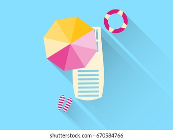 Beach flat icons with long shadow. Chaise lounge with umbrella. Lifebuoy. Vector illustration