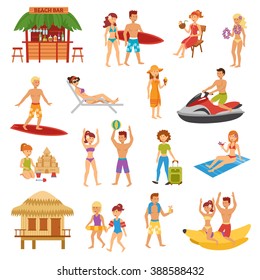 Beach flat icons set with people on summer vacations isolated vector illustration