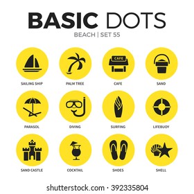 Beach flat icons set with sailing ship form, palm tree form and sand castle form isolated vector illustration on white