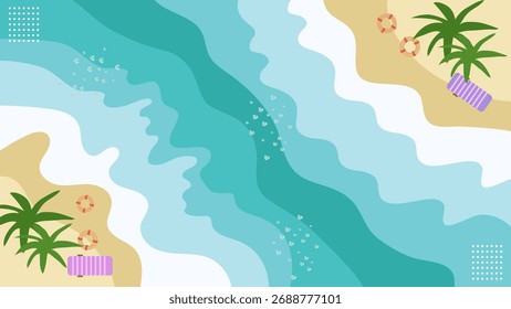Plano de fundo da bandeira da ilustração plana da praia com ondas abstratas, palmeira, boia salva-vidas e textura de areia. Ilustração vetorial