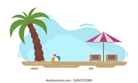 Beach flat illustration isolated on white. Summer holiday beach illustration with coconut tree and ball