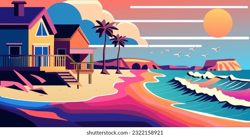 Beach flat illustration landscape colorful vector