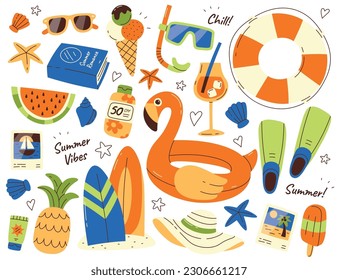 Ilustraciones planas de playa. Pantalla de sol, tabla de surf, cóctel, aletas, postales de vacaciones y recuerdos de conchas. Accesorios de sombrero de paja y gafas de sol. Elementos Summertime