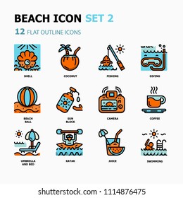 Beach Flat Outline icons.Holiday and Vacation Concept Thin line icons.