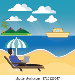 Beach flat vector illustration.illustration people using notebooks. beach cartoon vector illustration