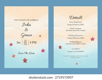 Invitación de boda plana de playa con conchas marinas y estrellas de mar sobre fondo arenoso, concepto de boda de destino de verano