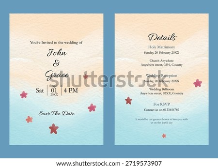 Beach flatlay wedding invitation with seashells and starfish on sandy background, summer destination wedding concept