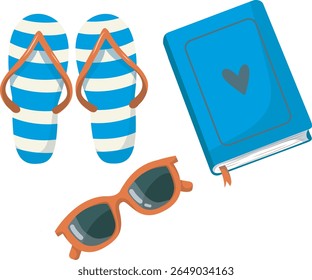 Beach flip flops, a book and sunglasses