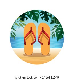 Beach with flip flops cartoons round icon vector illustration graphic design