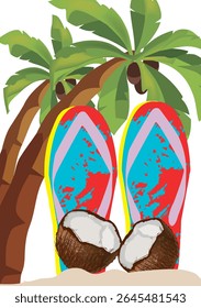 Beach flip flops and coconuts resting beneath palm trees evoke a sense of tropical relaxation and vacation