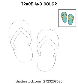 Dibujos para colorear de Chanclas de playa para niños. Chanclas de playa de rastros y colores. Divertida página para colorear imprimible para niños actividad. Actividad de verano. Playa Flip Flops Vector de dibujos animados. Sandalias elemento de arte de Clip. 