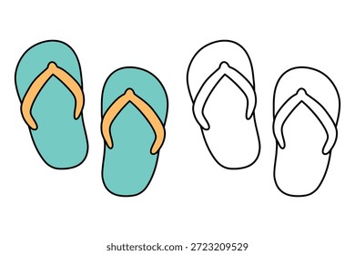 Dibujos para colorear de Chanclas de playa para niños. Chanclas de playa de rastros y colores. Divertida página para colorear imprimible para niños actividad. Actividad de verano. Playa Flip Flops Vector de dibujos animados. Sandalias elemento de arte de Clip. 
