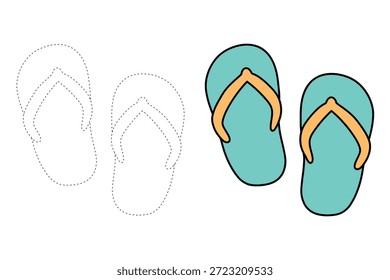 Dibujos para colorear de Chanclas de playa para niños. Chanclas de playa de rastros y colores. Divertida página para colorear imprimible para niños actividad. Actividad de verano. Playa Flip Flops Vector de dibujos animados. Sandalias elemento de arte de Clip. 