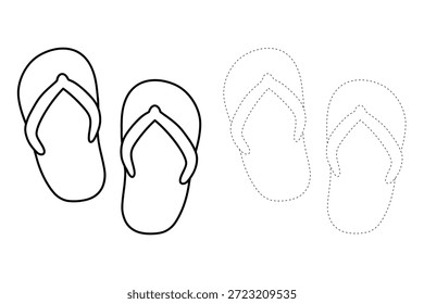 Dibujos para colorear de Chanclas de playa para niños. Chanclas de playa de rastros y colores. Divertida página para colorear imprimible para niños actividad. Actividad de verano. Playa Flip Flops Vector de dibujos animados. Sandalias elemento de arte de Clip. 