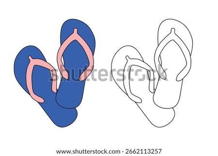 Beach Flip Flops coloring pages for kids. Trace and color Beach Flip Flops. Fun coloring page printable for kids activity. Summer activity. Beach Flip Flops cartoon vector. Sandals clip art element. 