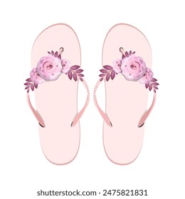 Beach flip flops decorated with flowers on a white background.Vector illustration of summer shoes.