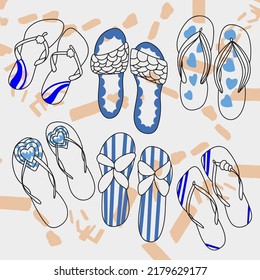 Beach Flip Flops Set Summer Shoes Flip Flops Mixed Shaped Decoration Slippers Girls Fashion Shoes Doodle Sketch
