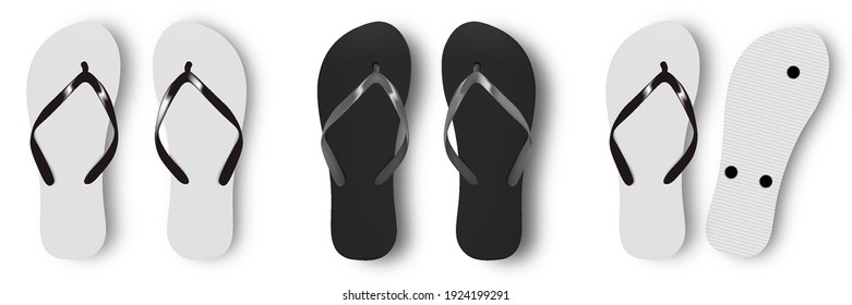 Beach flip flops slippers vector design template. Realistic 3d blank mockup. Beach slippers sign. Monochrome Flip Flops.