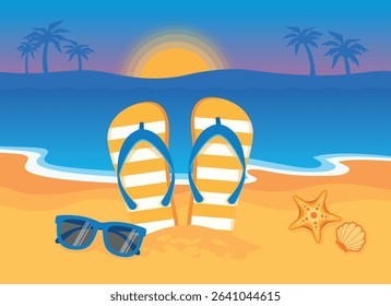 Beach with flip flops, sunglasses and starfish vector illustration. Summer background with flip flops on the beach drawing. Tropical vacation and travel concept