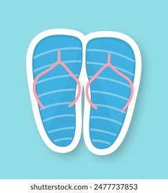 Beach flip-flops on a blue background. A sticker of beach flip-flops with a shadow. Cartoon retro style. Vector illustration.