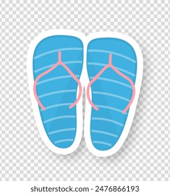 Beach flip-flops on a transparent background. A sticker of beach flip-flops with a shadow. Cartoon retro style. Vector illustration.