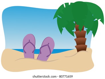 beach with flip-flops and palm tree on background