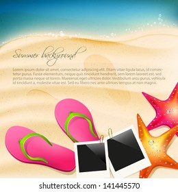 Beach With Flip-flops, Seastar And  Photoframe