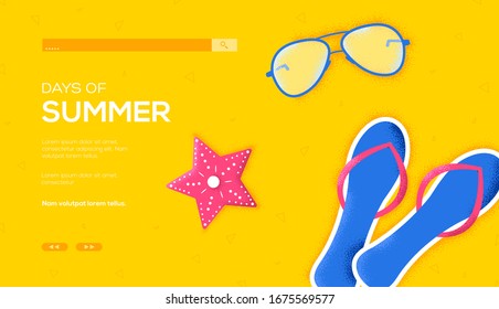 Beach flipper and sunglasses concept flyear, web banner, ui header, enter site. Invitation concept background. Layout illustration modern slider page. 