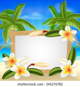 Beach floral frangipani plumeria flower beach palm tree summer tropical holiday background sign
