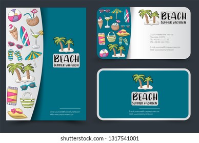 Beach flyer and business cards set. Background for advertisement, invitation, brochure template. Hand drawn doodle cartoon style summer tropical vacation concept. Vector illustration.