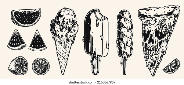 Beach food set sketch monochrome fruits and ice cream to satisfy hunger and thirst desserts melting in heat vector illustration
