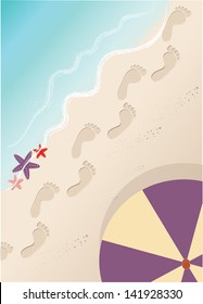 Beach With Footprints, Starfish And Sun Umbrella. Vector Illustration