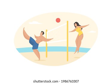 Beach footvolley with ball. Girl throws catch over net and guy kicks it. Active rest on seaside. Fun summer game competition. Vacationers on tropical beach. Vector flat illustration isolated