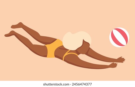 Beach footvolley with ball. Girl throws catch over net and guy kicks it. Active rest on seaside. Fun summer game competition. Vacationers on tropical beach flat illustration isolated