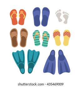 Beach footwear set isolated on white background. Icon pictogram. Art vector illustration.