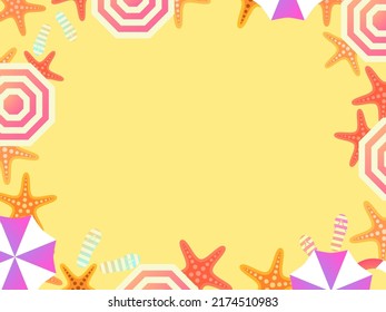Beach frame, top view. Beach umbrellas and flip flops with starfish on the sand in flat style. Design a template for invitation, flyer and greeting card with space for text. Vector illustration