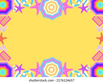 Beach frame, top view. Beach umbrellas and flip flops with starfish on the sand in flat style. Design a template for invitation, flyer and greeting card with space for text. Vector illustration