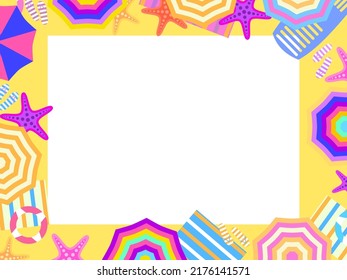 Beach frame, top view. Beach umbrellas and flip flops with starfish on the sand in flat style. Design a template for invitation, flyer and greeting card with space for text. Vector illustration