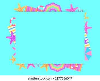 Beach frame, top view. Beach umbrellas and flip flops with starfish in flat style. Design a template for invitation, flyer and greeting card with space for text. Vector illustration