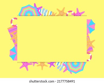 Beach frame, top view. Beach umbrellas and flip flops with starfish on the sand in flat style. Design a template for invitation, flyer and greeting card with space for text. Vector illustration