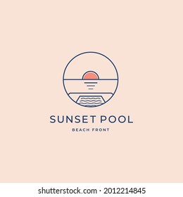 Beach front pool with sunset minimal logo icon sign design concept. Vector illustration