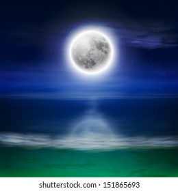 Beach with full moon at night. EPS10 vector.