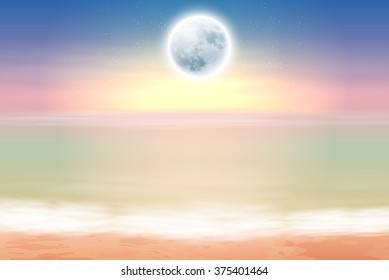 Beach with full moon at night. EPS10 vector.