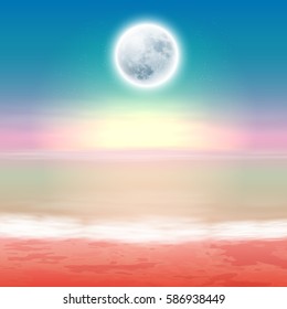 Beach with full moon at night. EPS10 vector.