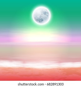 Beach with full moon at night. EPS10 vector.