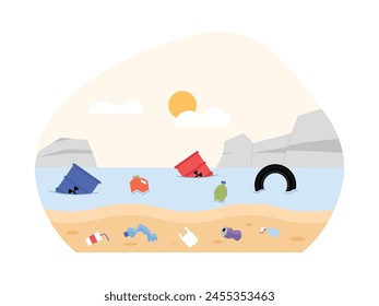 The beach is full of rubbish thrown carelessly causing water and soil pollution, vector illustration.