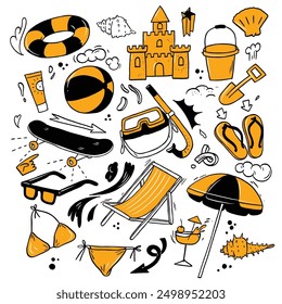 Iconos de diversión y relajación en la playa - vacaciones de verano Essentials ilustrado, dibujado a mano estilo doodle de Vector.