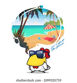 To the beach. Funny vector illustration with animal character and beach scene.