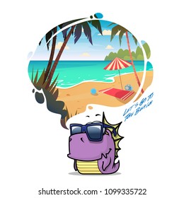 To the beach. Funny vector illustration with animal character and beach scene.